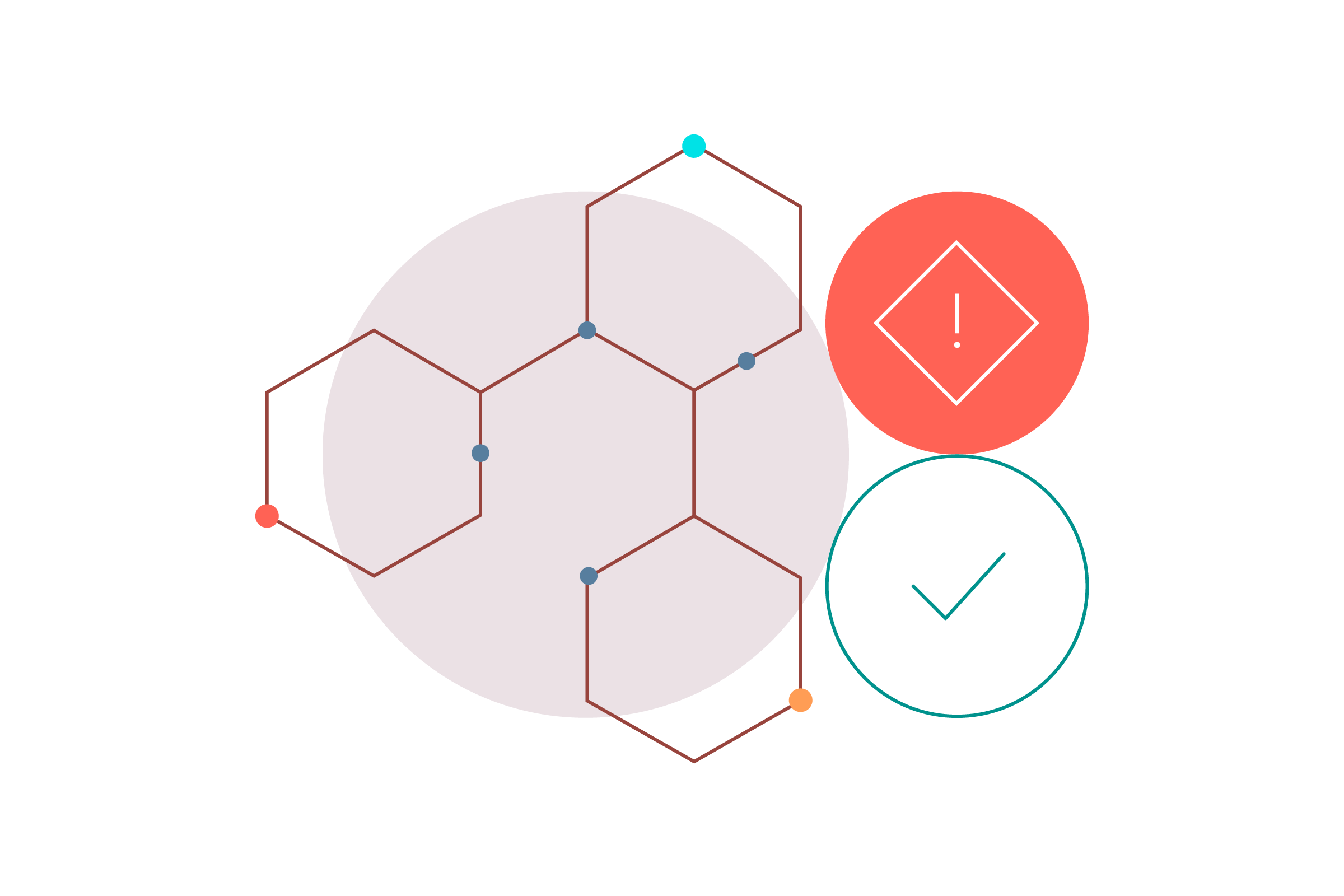 Illustration of a chemical structure next to a warning symbol and a checkmark